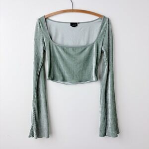 Out From Under Flare Sleeve Top M Green Velvet Lettuce Hem Boho Coquette Ballet